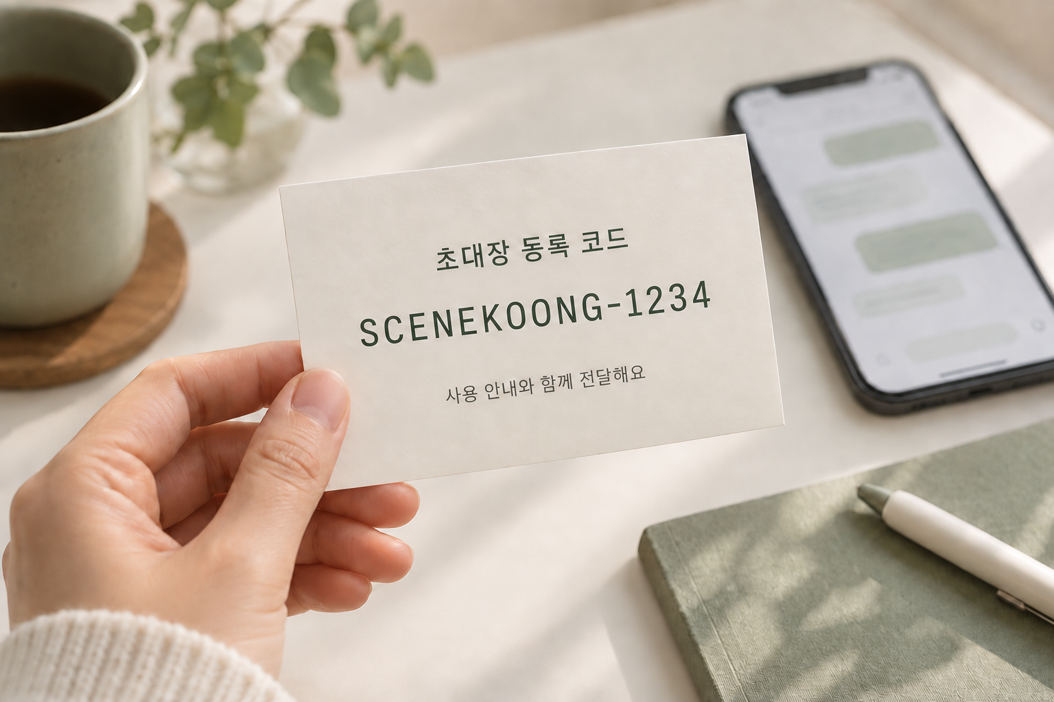 초대장 등록 코드와 사용 안내를 함께 전달하는 모습